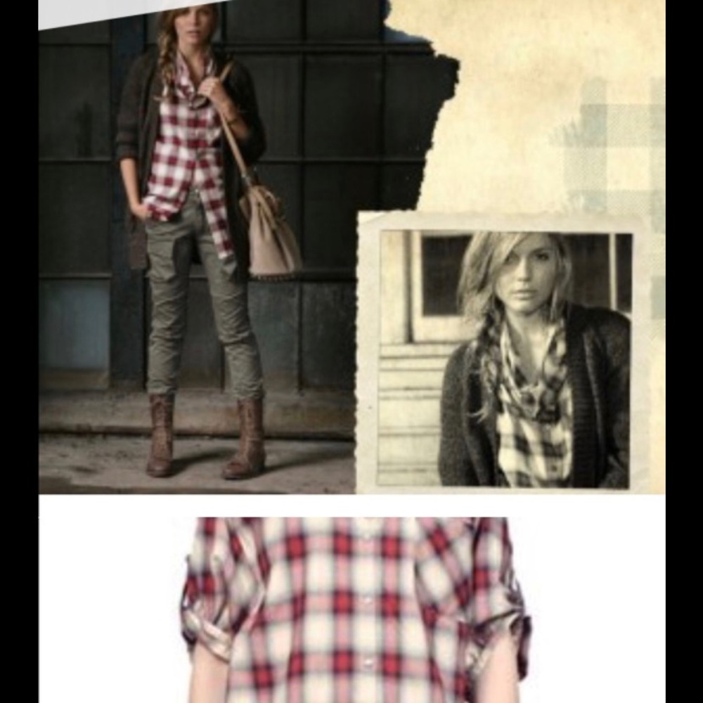 Vince Cowl Neck plaid tab sleeve tunic